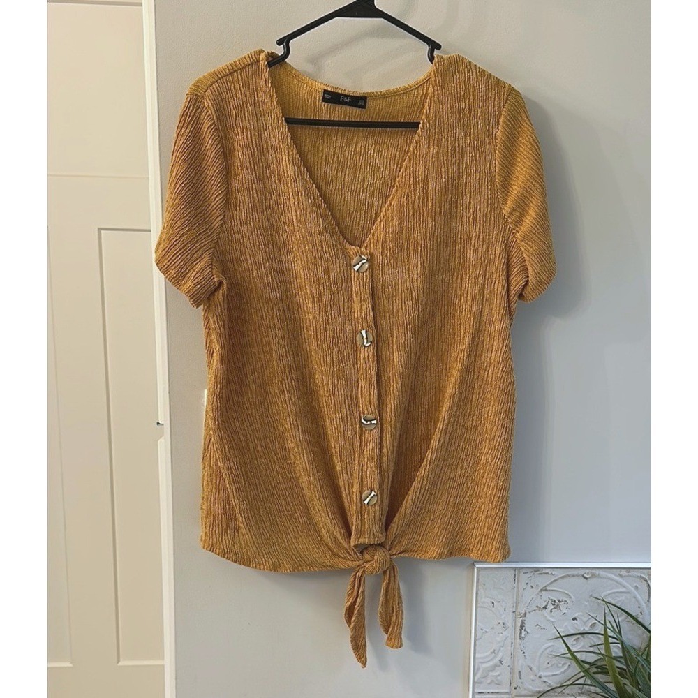 F&F Mustard Yellow Plisse Crinkle Tie Front‎ Button Down Blouse Top US 14